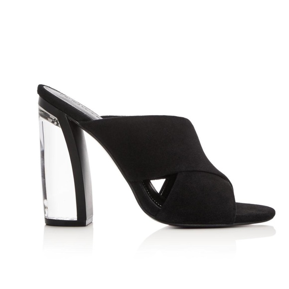 KENDALL & KYLIE THE KARMEN HEEL - BLACK SUEDE MULES w/ LUCITE HEELS - Picture 1 of 12